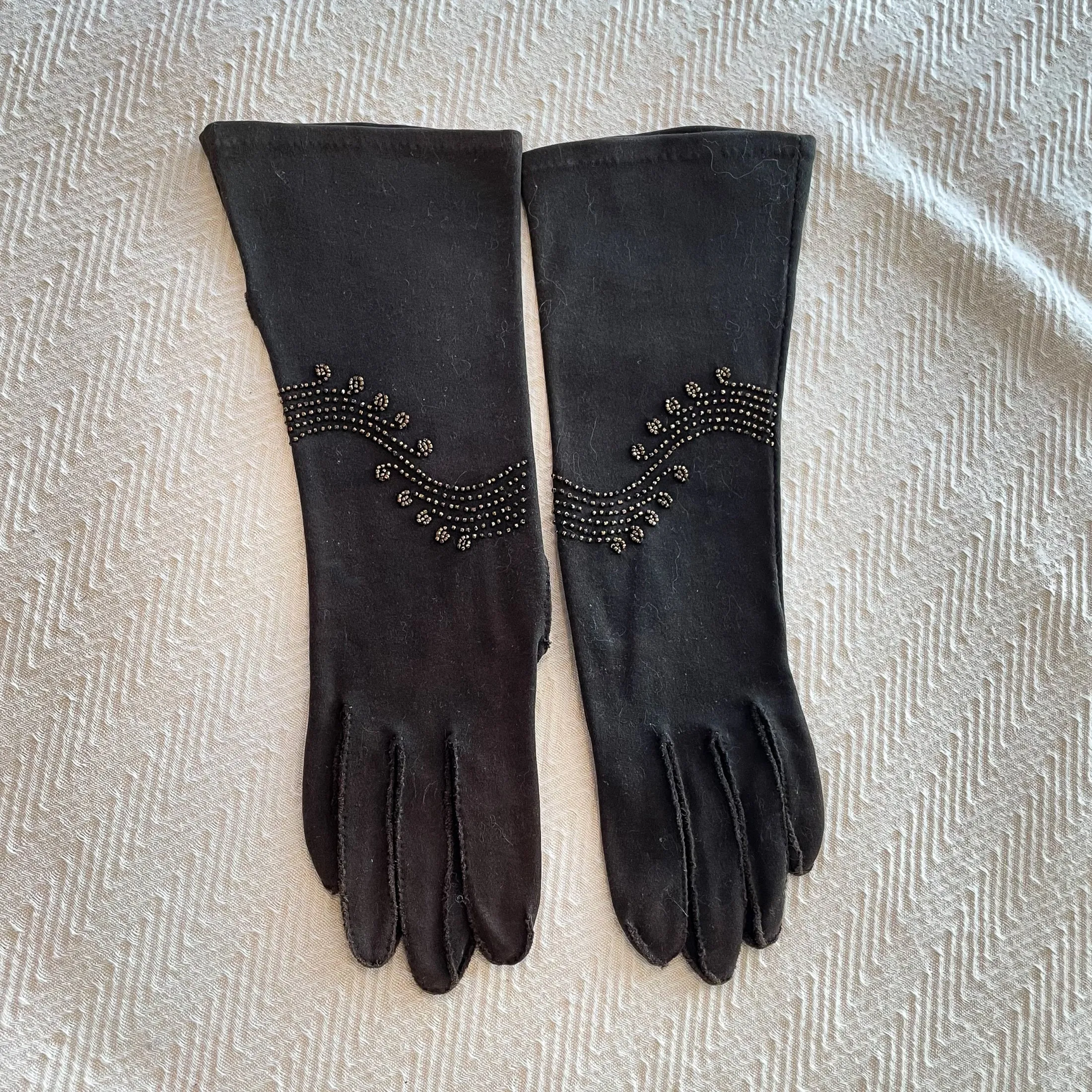 1940s Vintage Beaded Cotton Gloves, Brown Fancy Gloves SZ 6