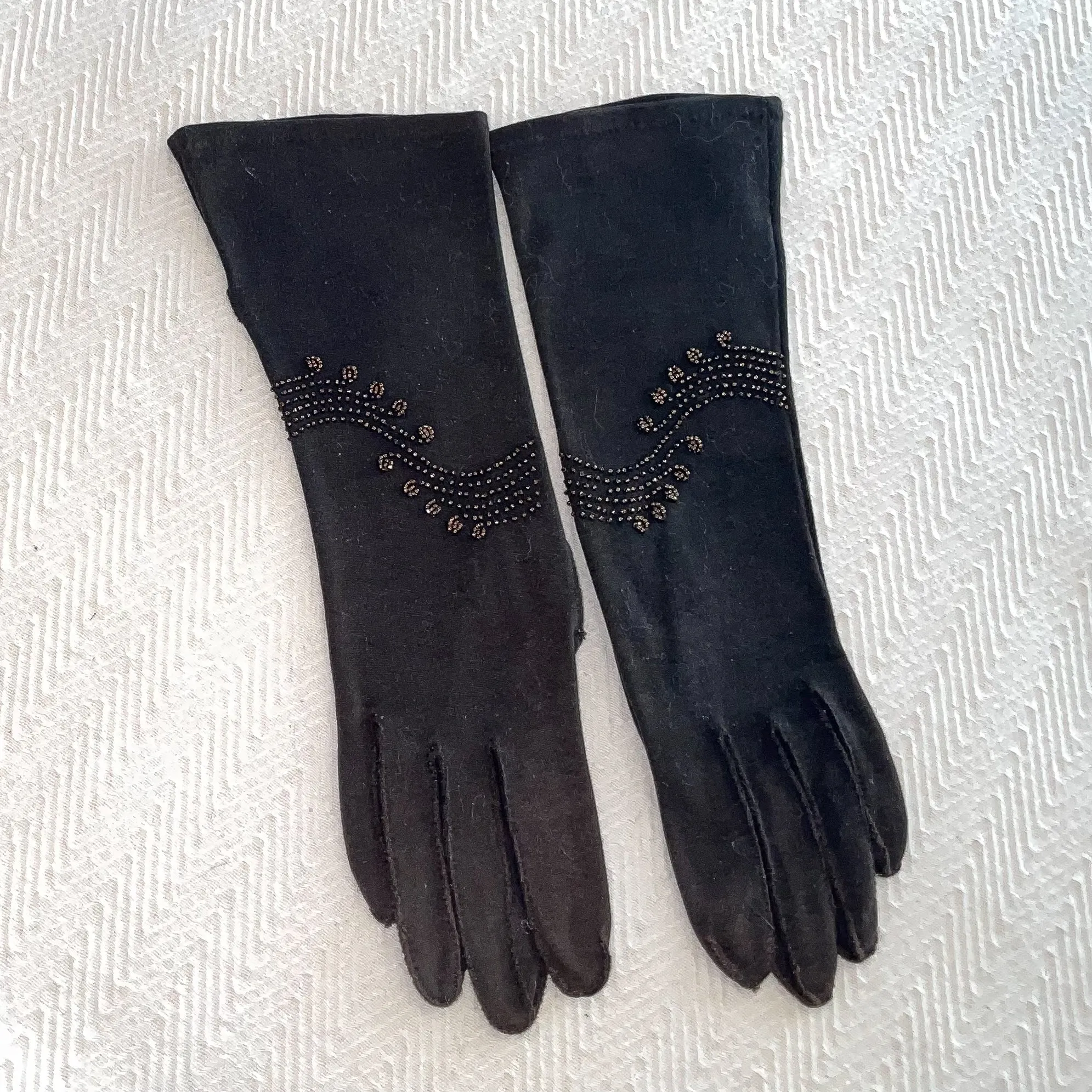 1940s Vintage Beaded Cotton Gloves, Brown Fancy Gloves SZ 6