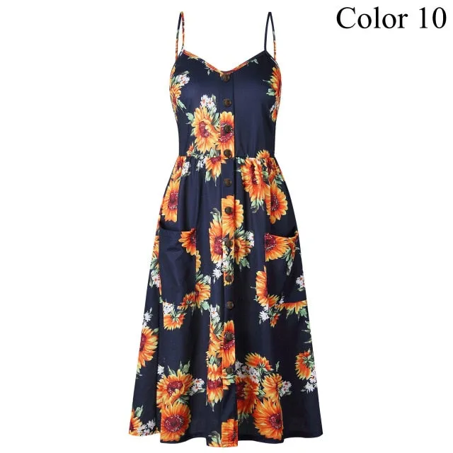 2019 Summer Women Button Decorated Print Dress Off-shoulder