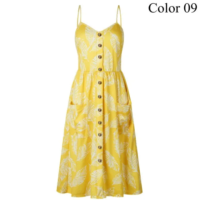 2019 Summer Women Button Decorated Print Dress Off-shoulder