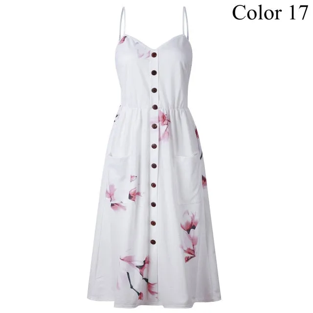 2019 Summer Women Button Decorated Print Dress Off-shoulder