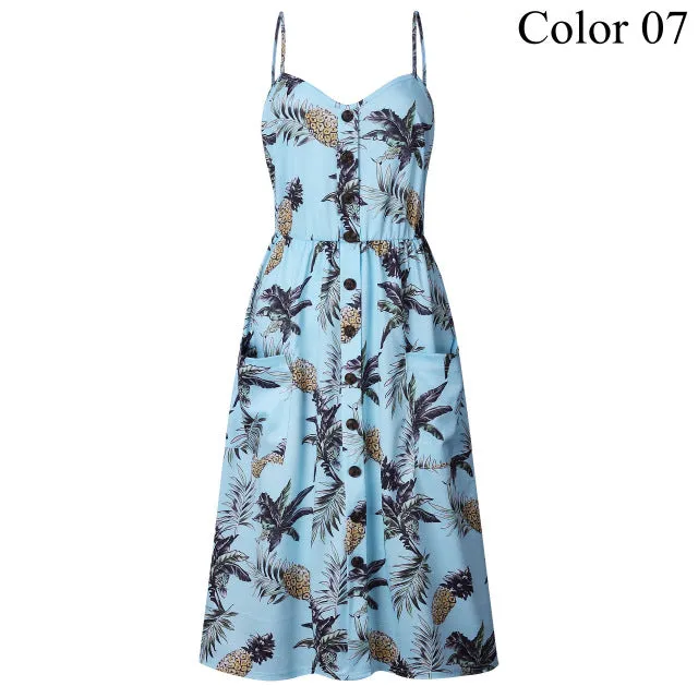 2019 Summer Women Button Decorated Print Dress Off-shoulder