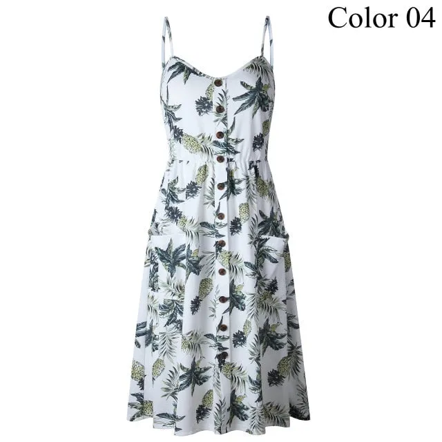 2019 Summer Women Button Decorated Print Dress Off-shoulder