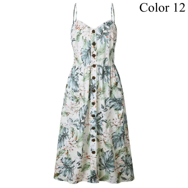 2019 Summer Women Button Decorated Print Dress Off-shoulder