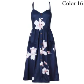 2019 Summer Women Button Decorated Print Dress Off-shoulder