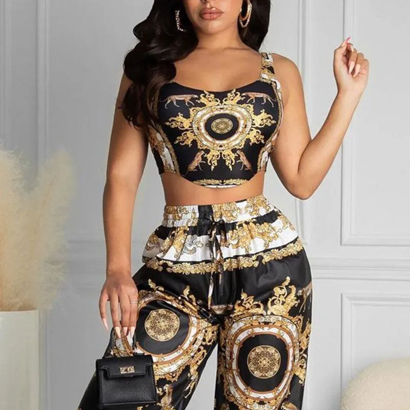 2022 Summer Women Clubwear Scarf Print Crop Top & High Waist Long Pant