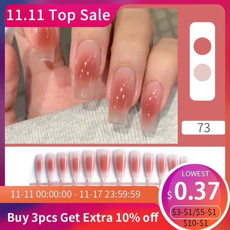 24pcs Sweet Summer Fake Nails Patches Pink Glitter Nude Press on Nails Women Wearable Nail Art Stickers Full Finished False Nail