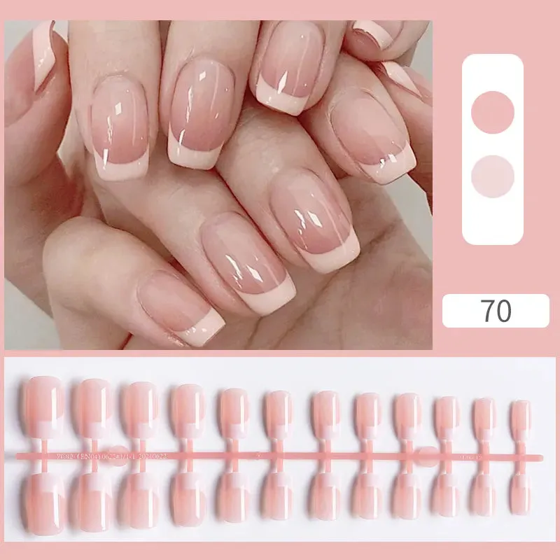 24pcs Sweet Summer Fake Nails Patches Pink Glitter Nude Press on Nails Women Wearable Nail Art Stickers Full Finished False Nail