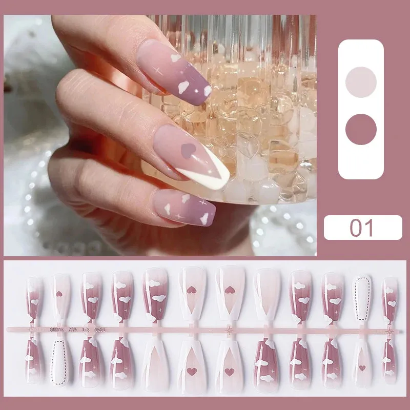 24pcs Sweet Summer Fake Nails Patches Pink Glitter Nude Press on Nails Women Wearable Nail Art Stickers Full Finished False Nail