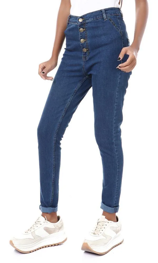 57300 Front Buttons Solid Skinny Fit Jeans - Dark Blue