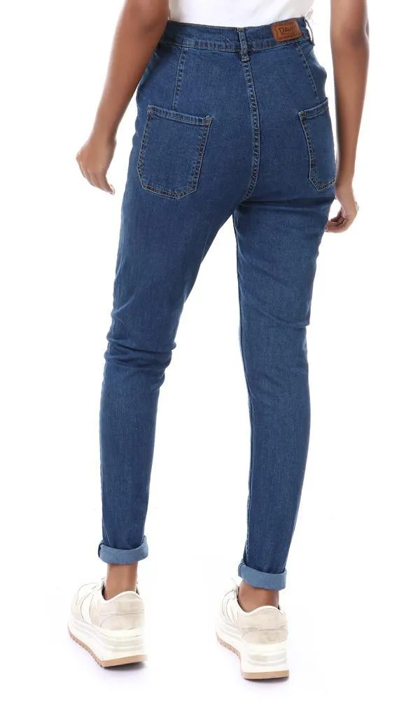 57300 Front Buttons Solid Skinny Fit Jeans - Dark Blue