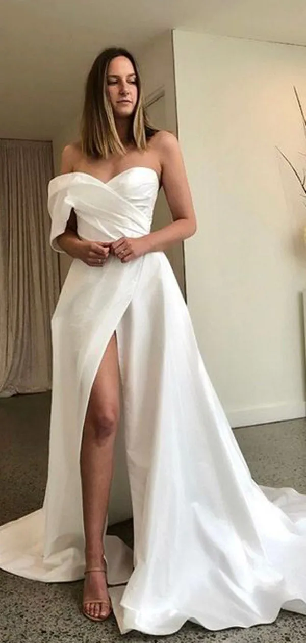 A-line Satin Simple Unique Vintage Garden Beach Long Wedding Dresses WD241