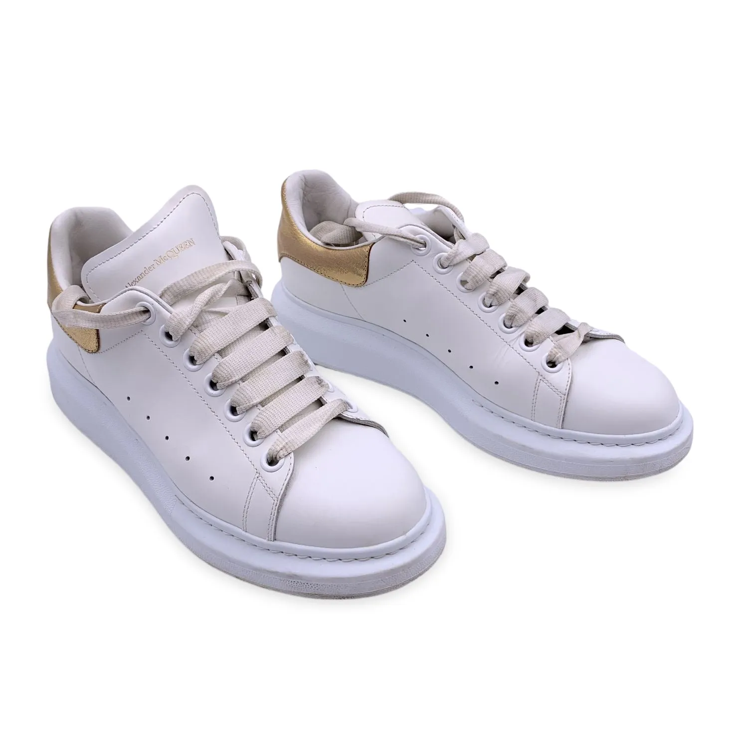 Alexander McQueen White Gold Lace Up Sneakers Shoes Size 40