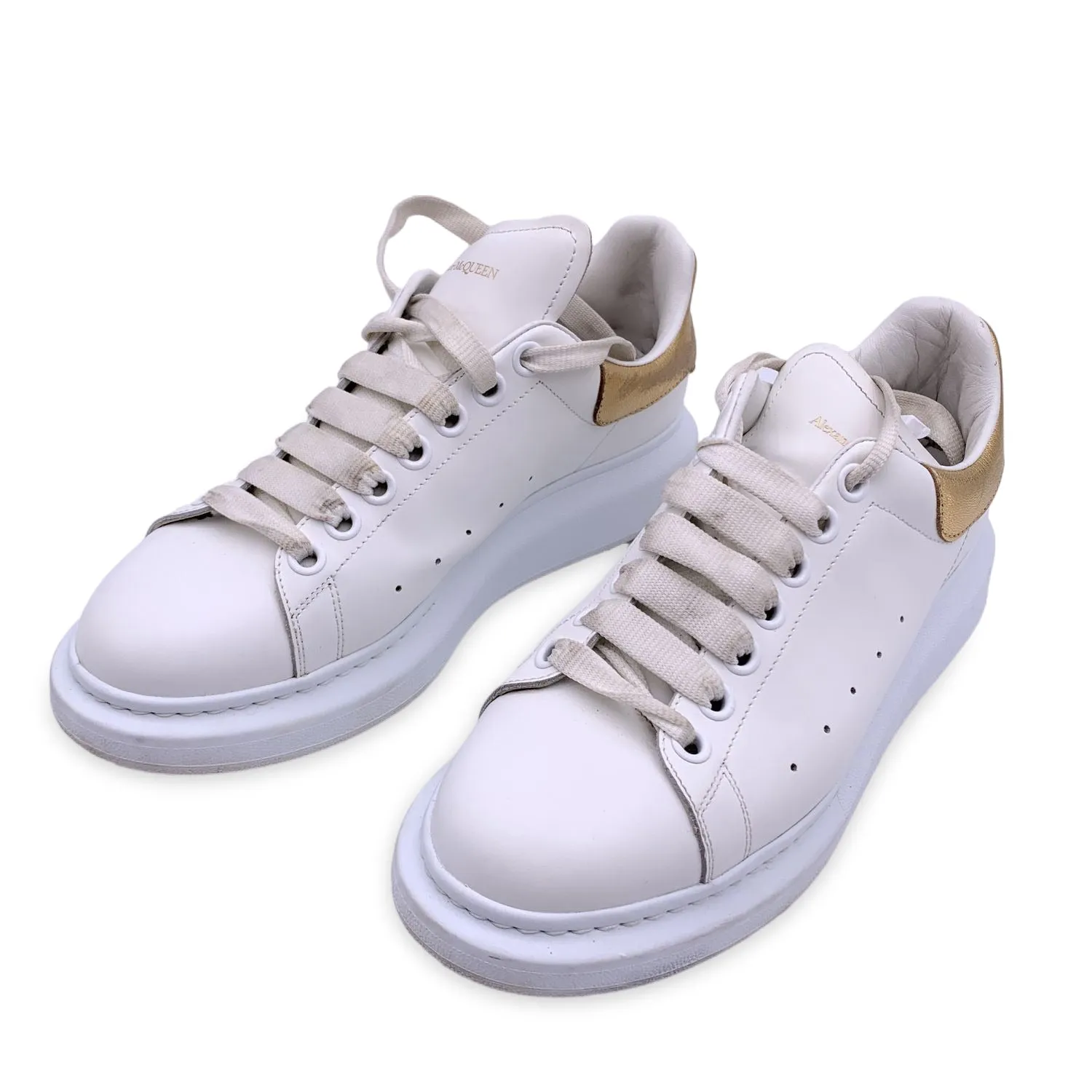 Alexander McQueen White Gold Lace Up Sneakers Shoes Size 40