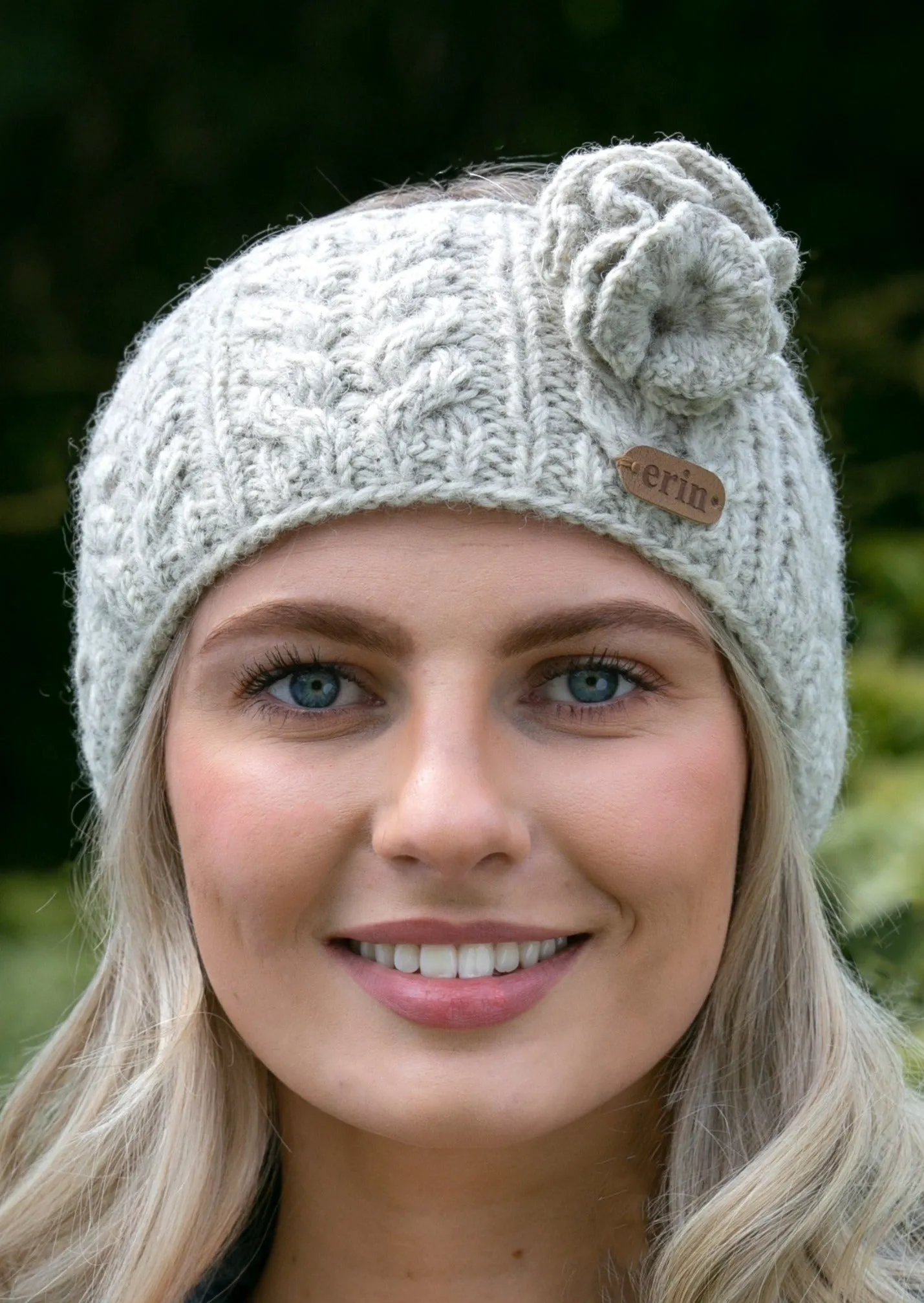 Aran Cable Knitted Wool Flower Headband - Oatmeal