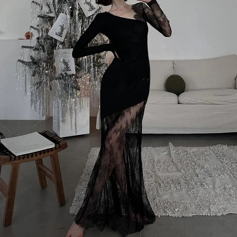 Asymmetrical Black Sexy Lace Dress Party Elegant Transparent Fashion Long Dress Women Prom Evening Outfits Summer New