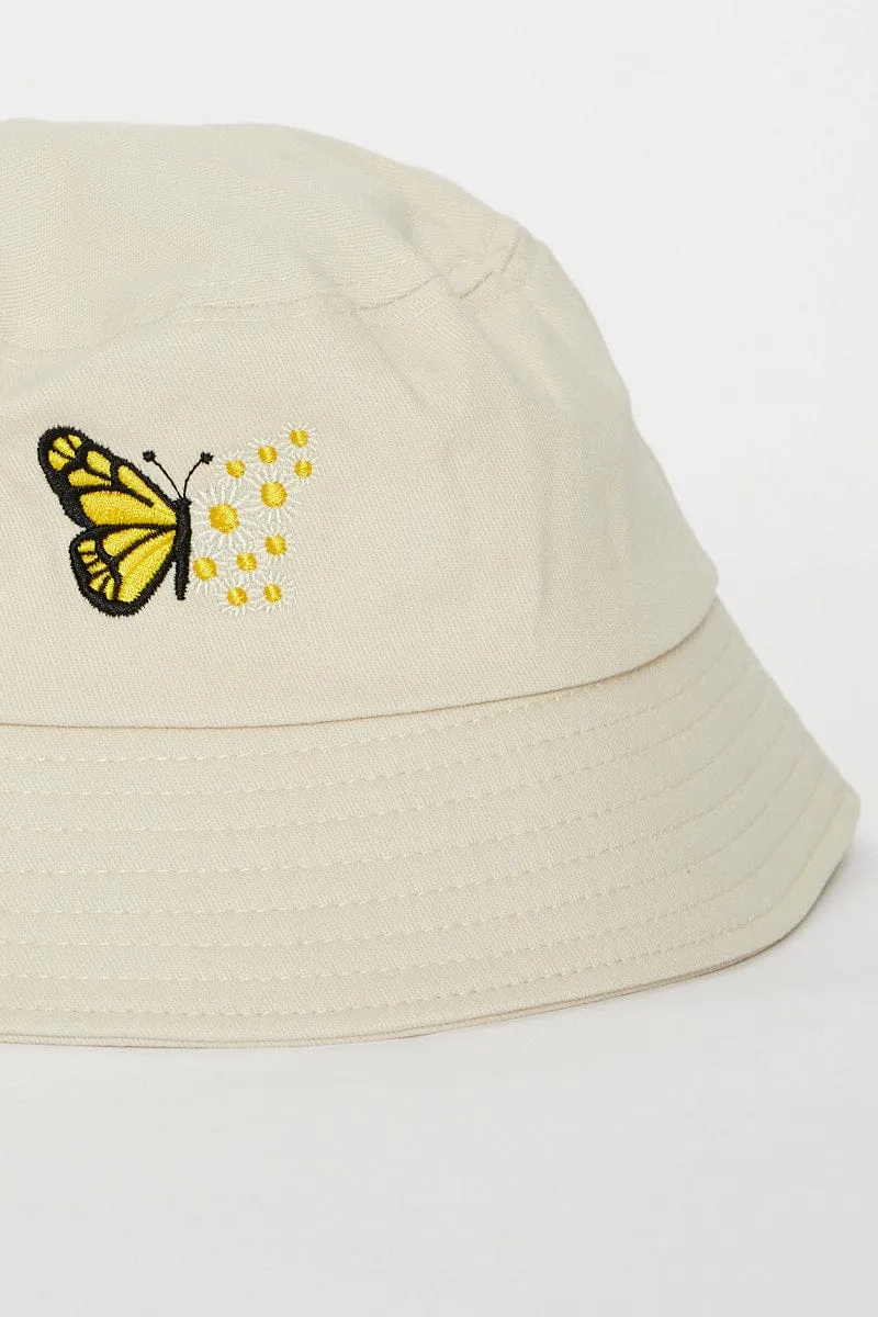 Beige Butterfly & Flower Bucket Hat