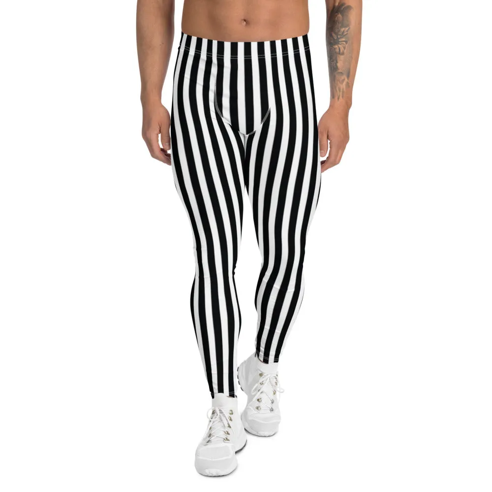 Best Striped Men's Leggings, Black White Athletic Running Elastic Tights For Men-Made in USA/EU