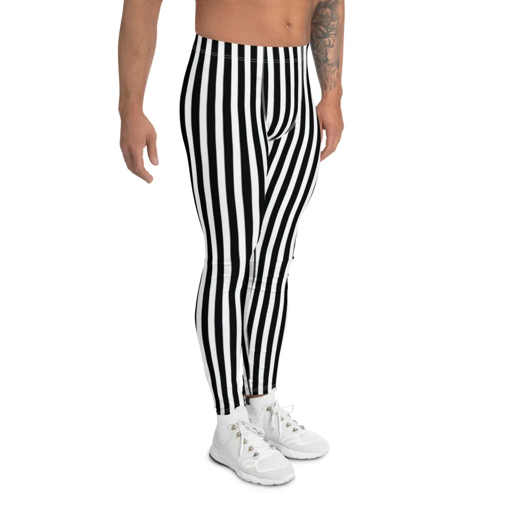 Best Striped Men's Leggings, Black White Athletic Running Elastic Tights For Men-Made in USA/EU