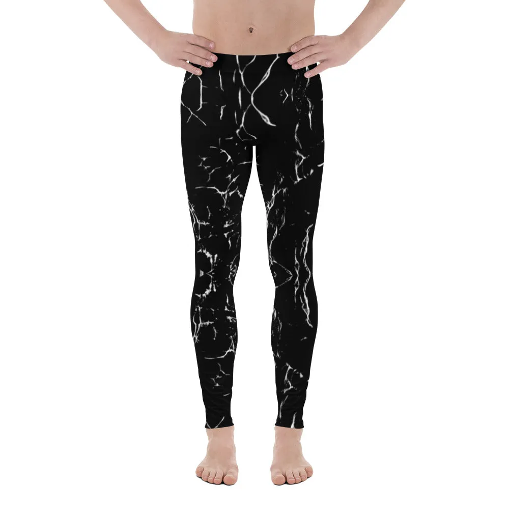 Black Abstract Men's Leggings, Designer Running Tights For Men-Made in USA/EU(US Size: XS-3XL)