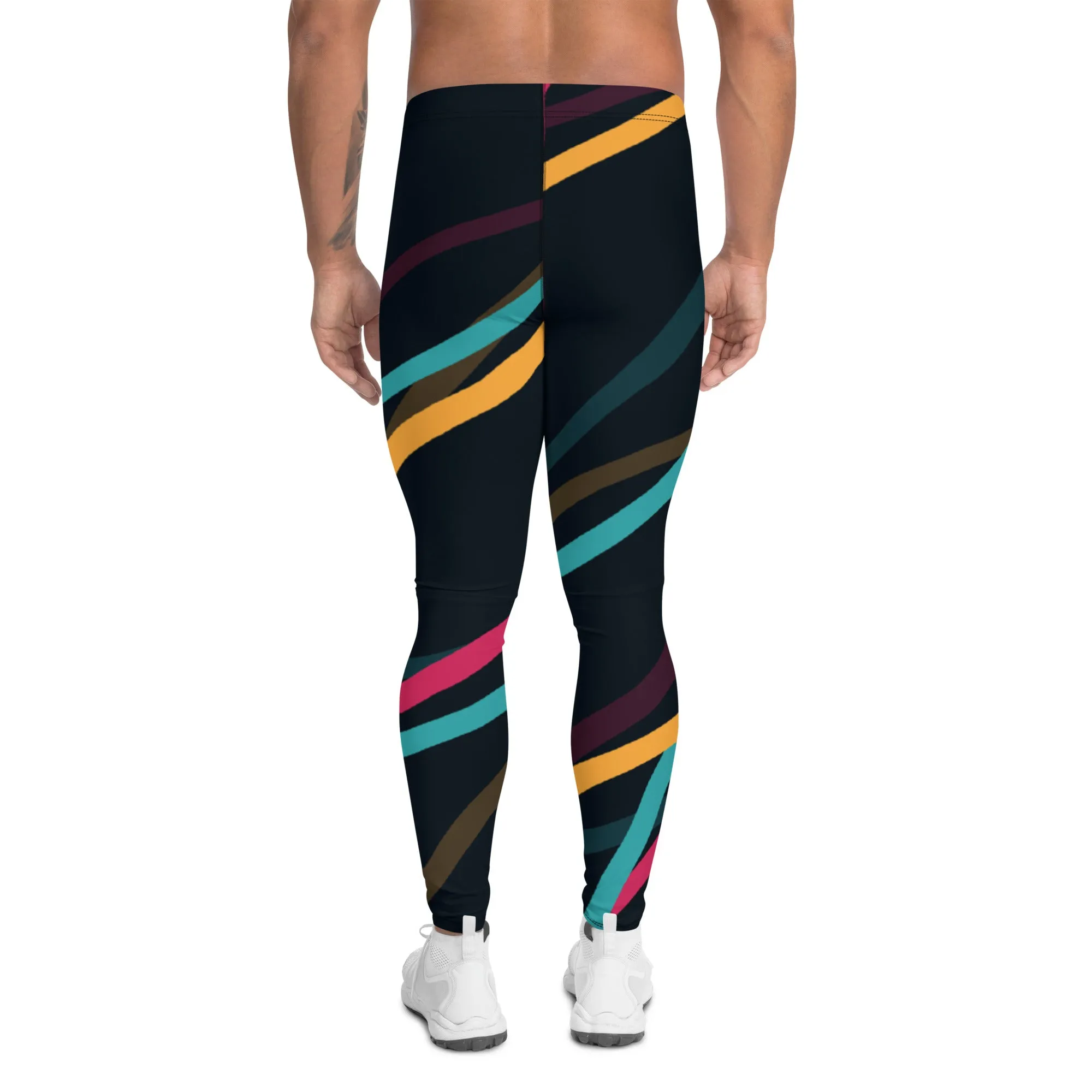 Black Abstract Printed Men's Leggings, Mixed Colorful Meggings Running Tights For Men-Made in USA/EU/MX