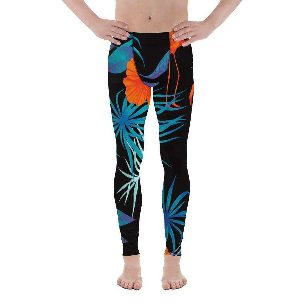 Black Flamingo Tropical Men's Leggings, Tropical Leaves Print Designer Running Compression Tights For Men - Made in USA/EU/MX