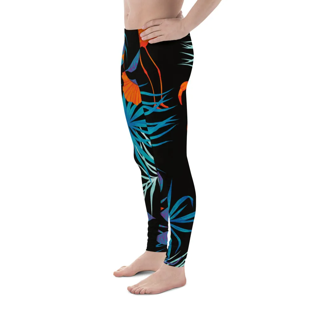 Black Flamingo Tropical Men's Leggings, Tropical Leaves Print Designer Running Compression Tights For Men - Made in USA/EU/MX