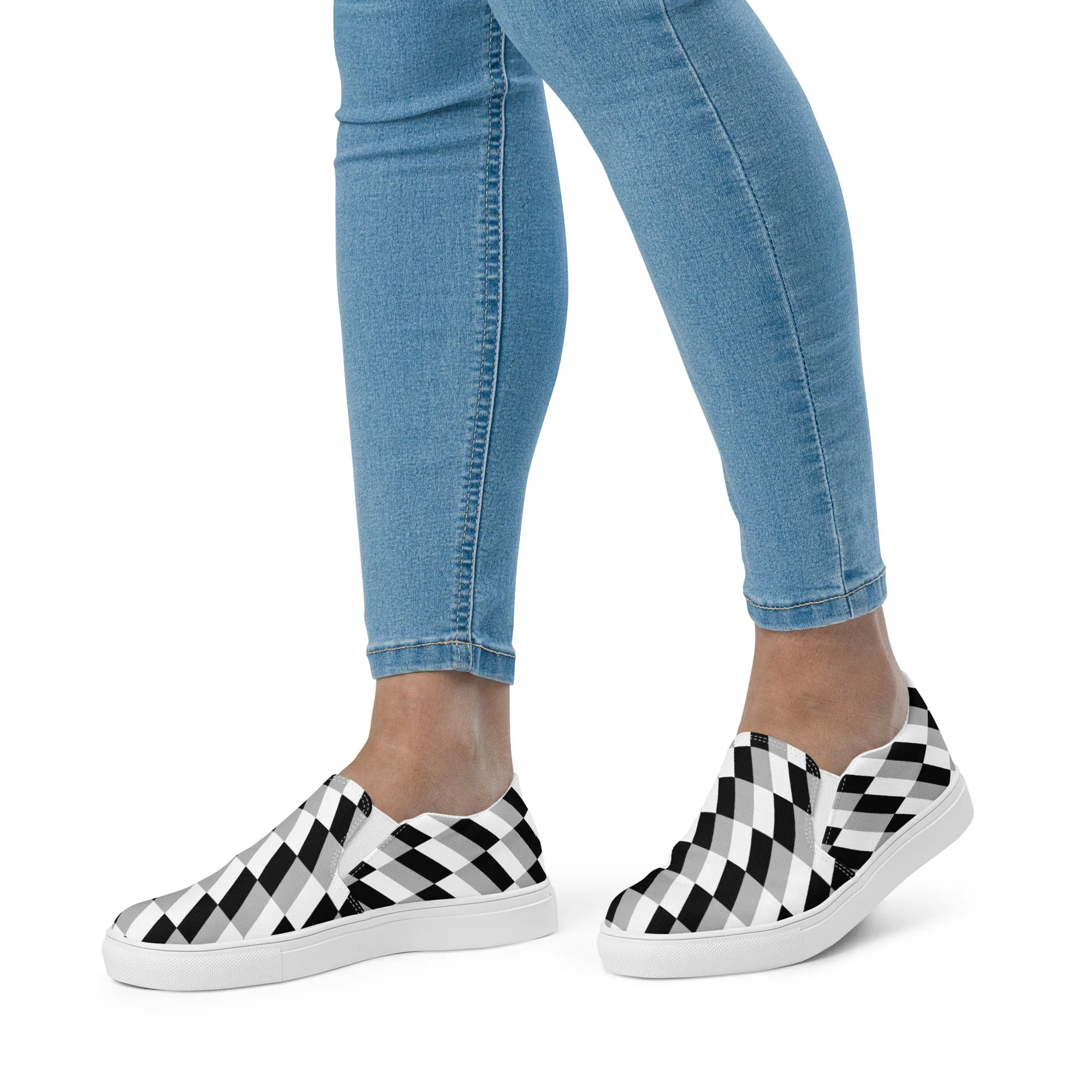 Black Grey Abstract Women's Sneakers, Unique Geometric Abstract Print Women’s Slip-On Canvas Shoes (US Size: 5-12)