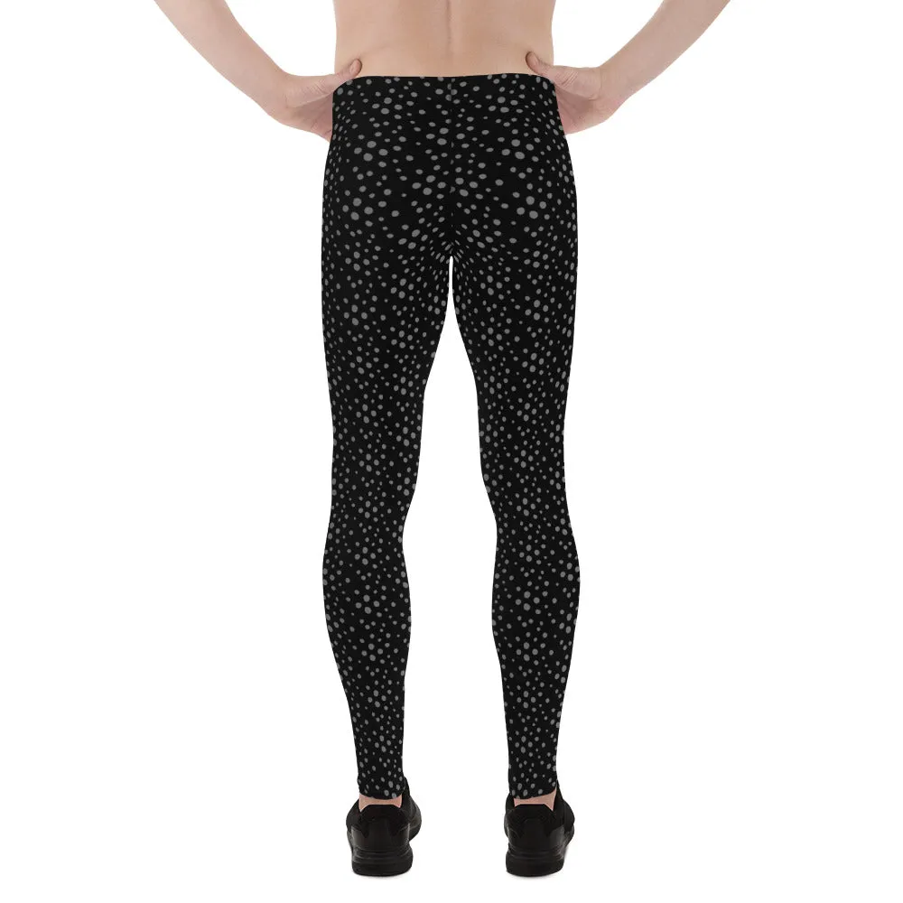 Black Grey Dotted Men's Leggings, Dots Pattern Designer Running Compression Tights For Men - Made in USA/EU/MX