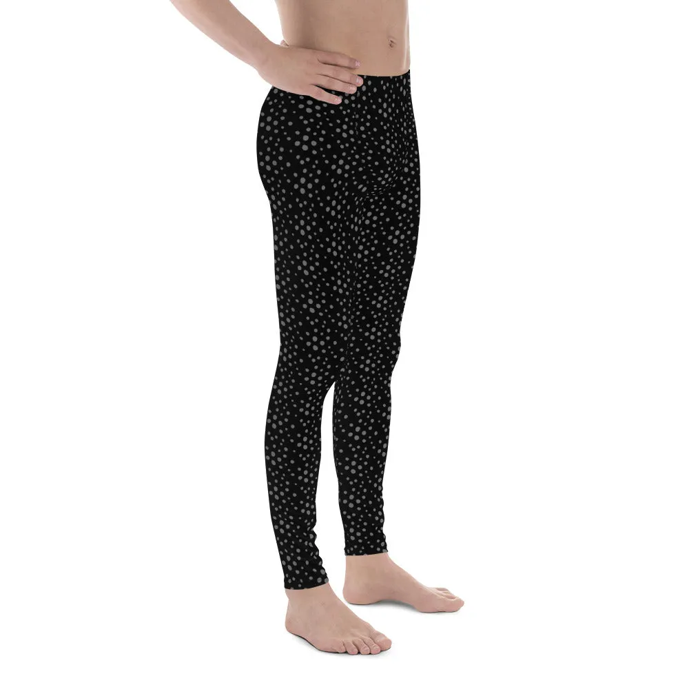 Black Grey Dotted Men's Leggings, Dots Pattern Designer Running Compression Tights For Men - Made in USA/EU/MX