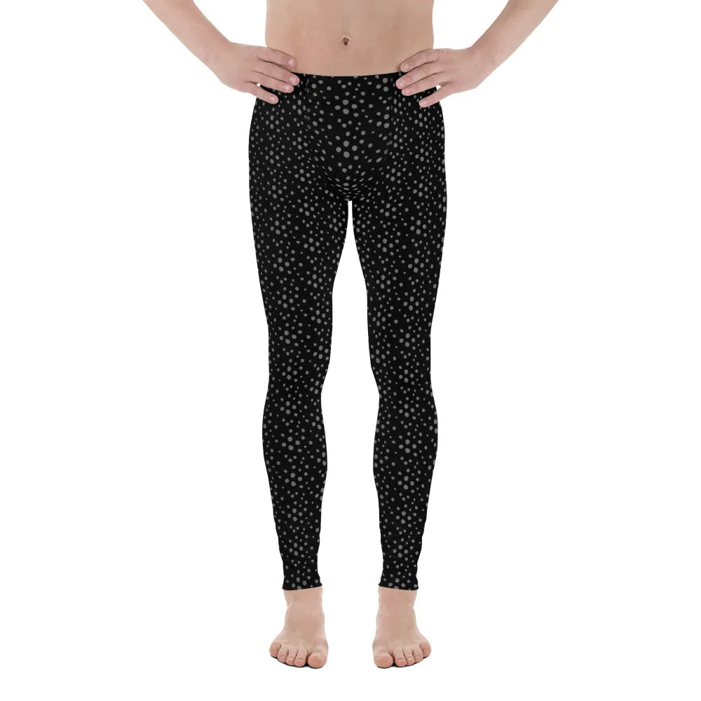 Black Grey Dotted Men's Leggings, Dots Pattern Designer Running Compression Tights For Men - Made in USA/EU/MX