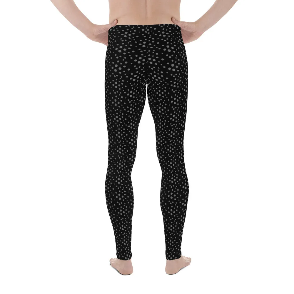 Black Grey Dotted Men's Leggings, Dots Pattern Designer Running Compression Tights For Men - Made in USA/EU/MX