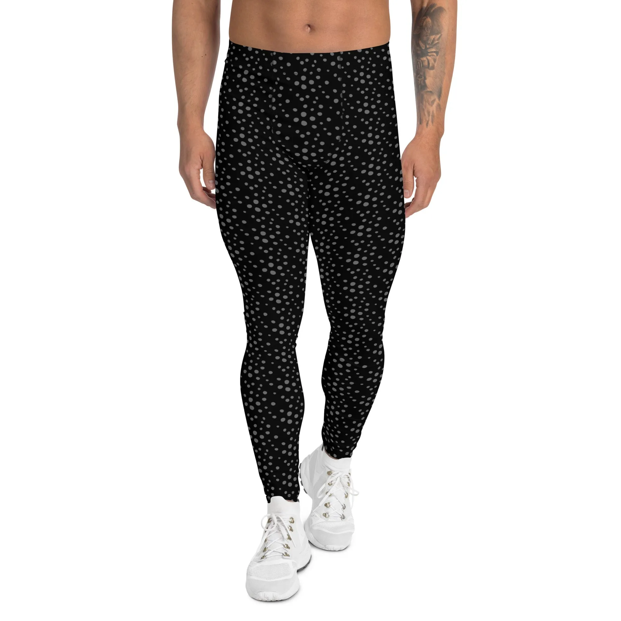 Black Grey Dotted Men's Leggings, Dots Pattern Designer Running Compression Tights For Men - Made in USA/EU/MX