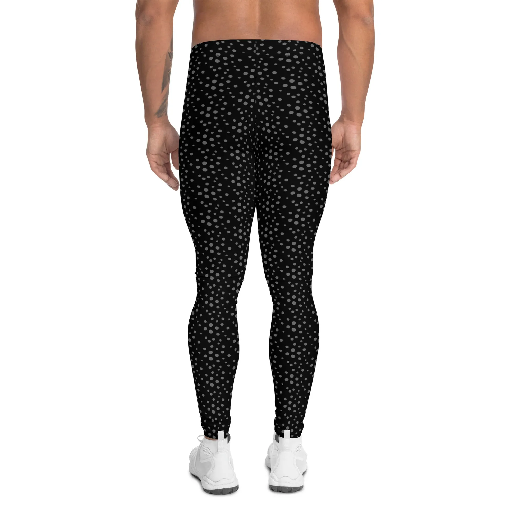 Black Grey Dotted Men's Leggings, Dots Pattern Designer Running Compression Tights For Men - Made in USA/EU/MX