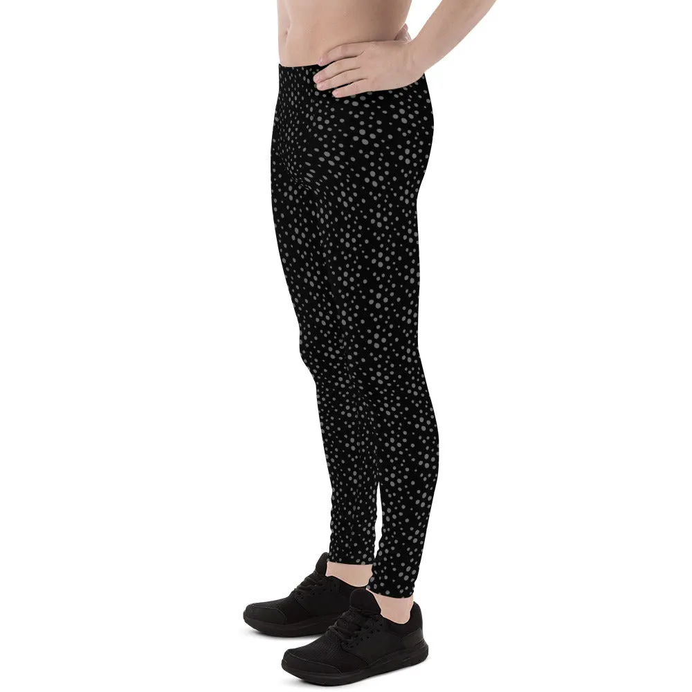 Black Grey Dotted Men's Leggings, Dots Pattern Designer Running Compression Tights For Men - Made in USA/EU/MX