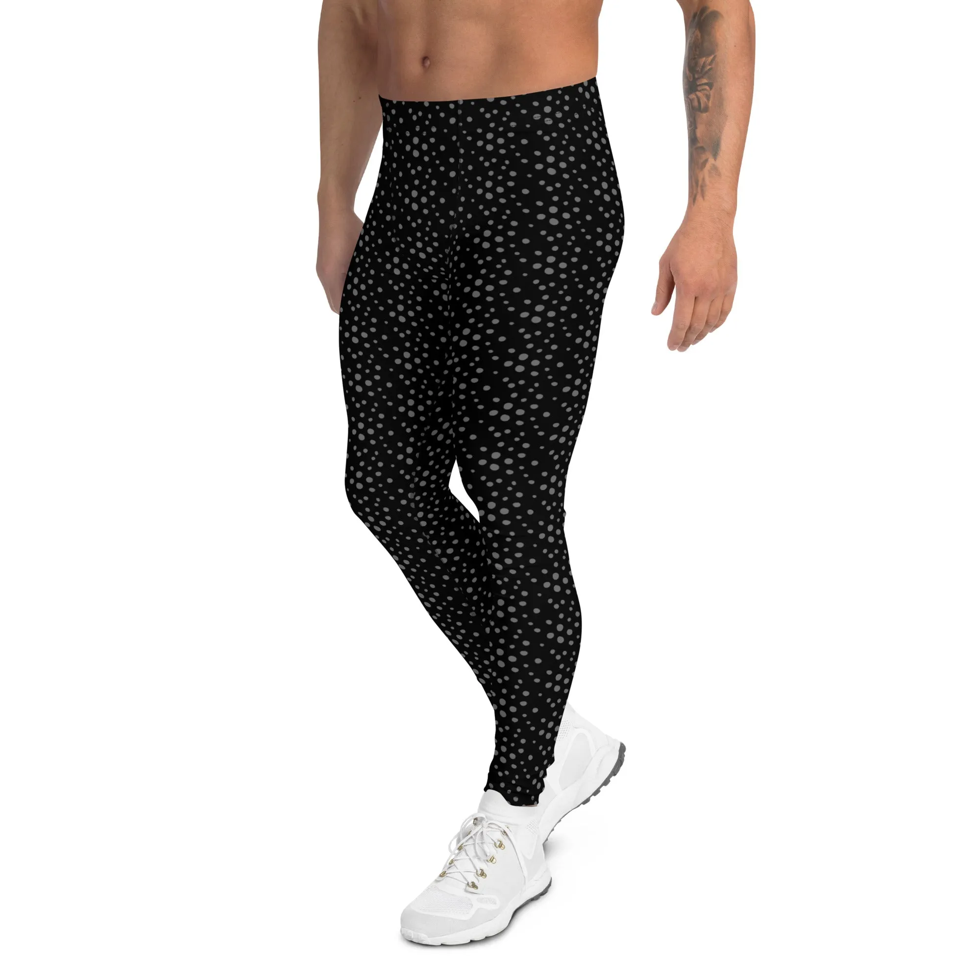 Black Grey Dotted Men's Leggings, Dots Pattern Designer Running Compression Tights For Men - Made in USA/EU/MX