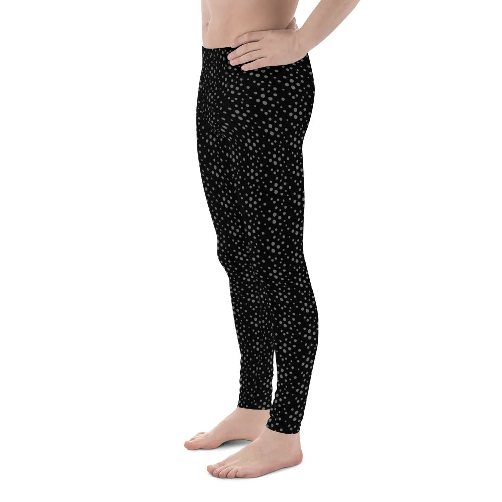 Black Grey Dotted Men's Leggings, Dots Pattern Designer Running Compression Tights For Men - Made in USA/EU/MX