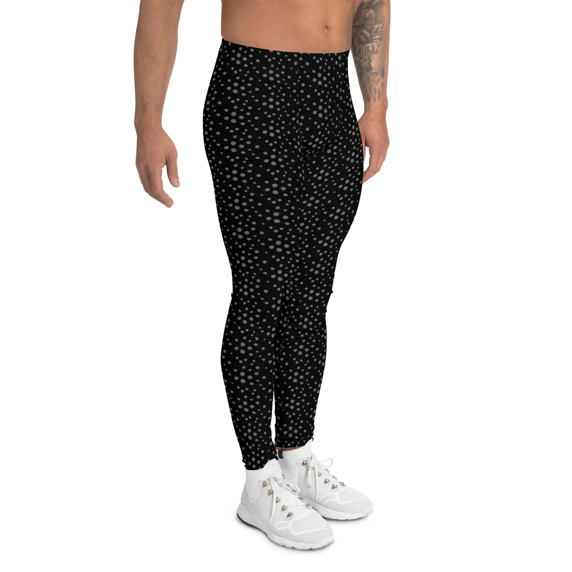 Black Grey Dotted Men's Leggings, Dots Pattern Designer Running Compression Tights For Men - Made in USA/EU/MX