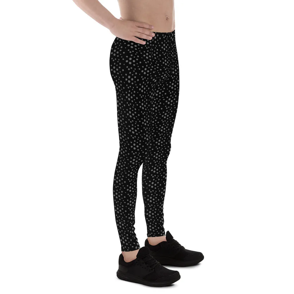 Black Grey Dotted Men's Leggings, Dots Pattern Designer Running Compression Tights For Men - Made in USA/EU/MX