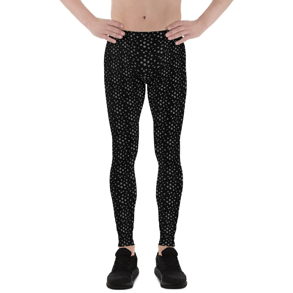 Black Grey Dotted Men's Leggings, Dots Pattern Designer Running Compression Tights For Men - Made in USA/EU/MX