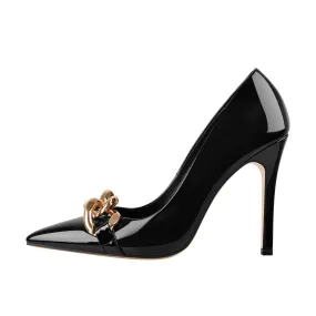 Black Metal Chain Pointed Toe Patent High Heels Stiletto Pumps