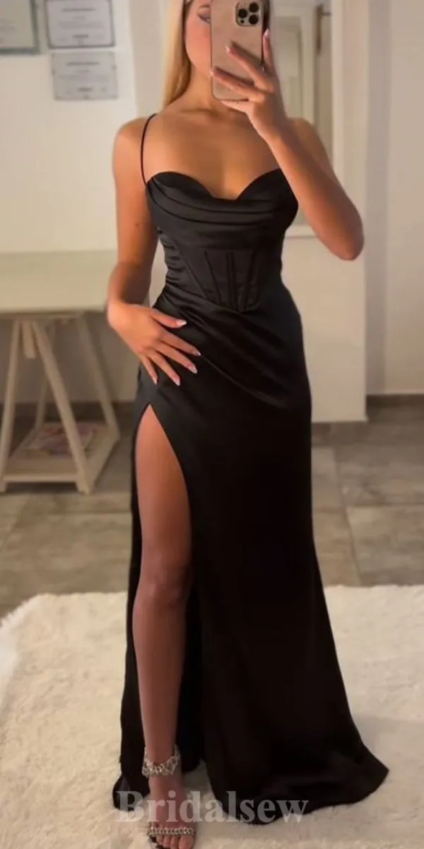 Black Spaghetti Straps Popular Mermaid Evening Formal Long Prom Dresses PD1387