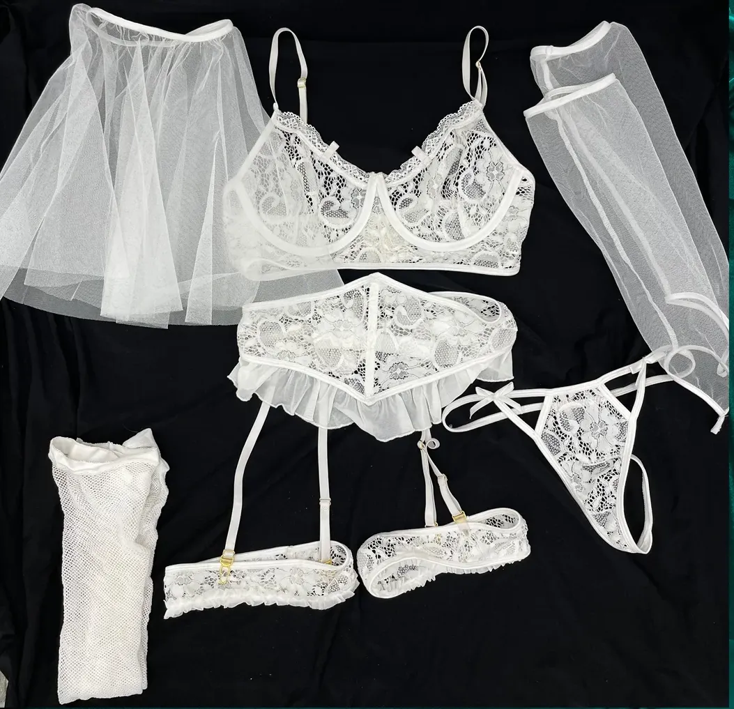 BodyZone Role Play Blushing Bride 6 pc Bra with Corset & Leg Garters Costume Set White