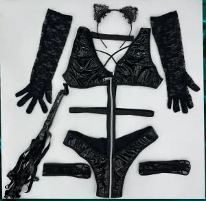 BodyZone Role Play Kinky Kitty Cat 6 pc Wetlook BodySuit & Garters Costume Set Black