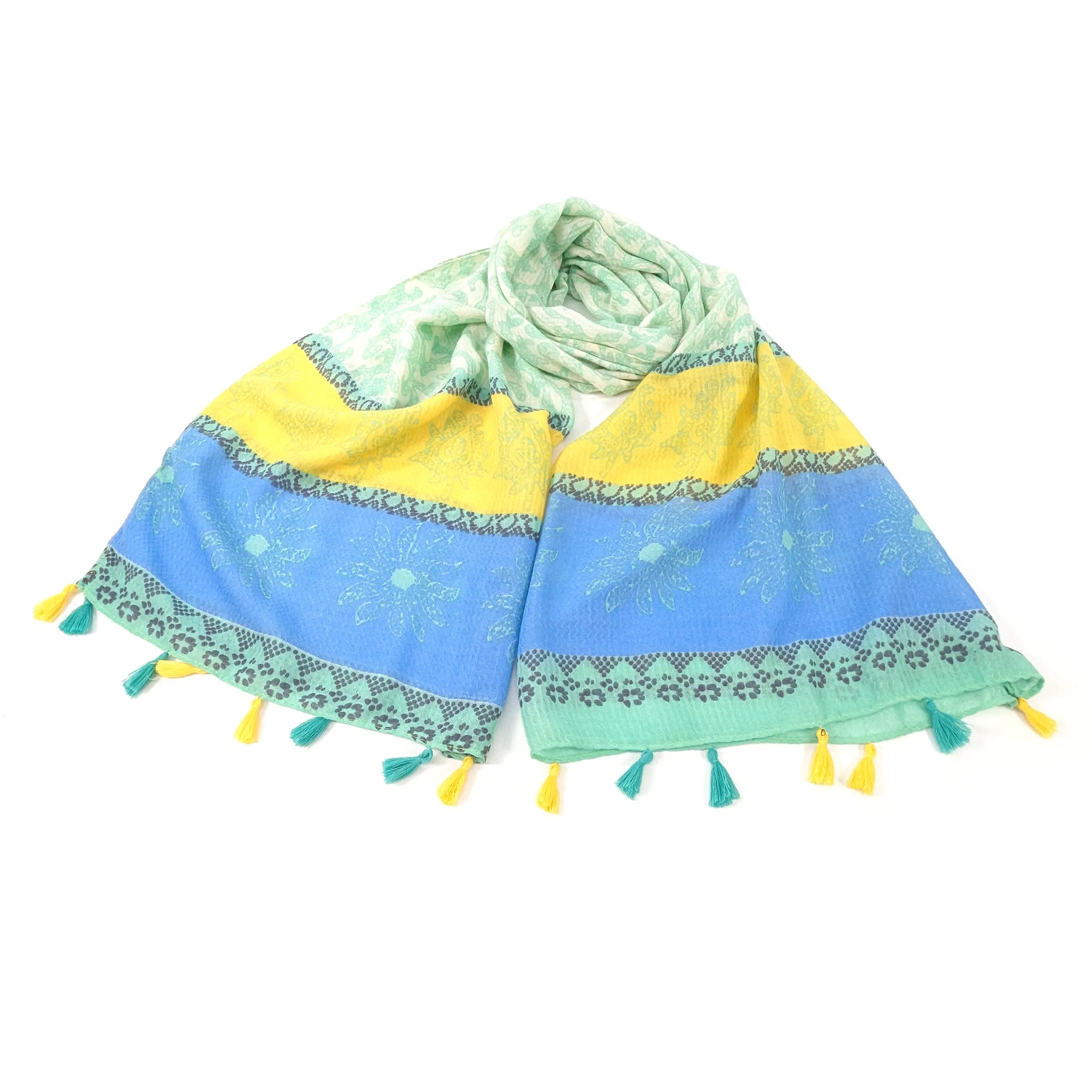 Bordered Seaweed Scarf - Mint/Yellow (80x180cm)