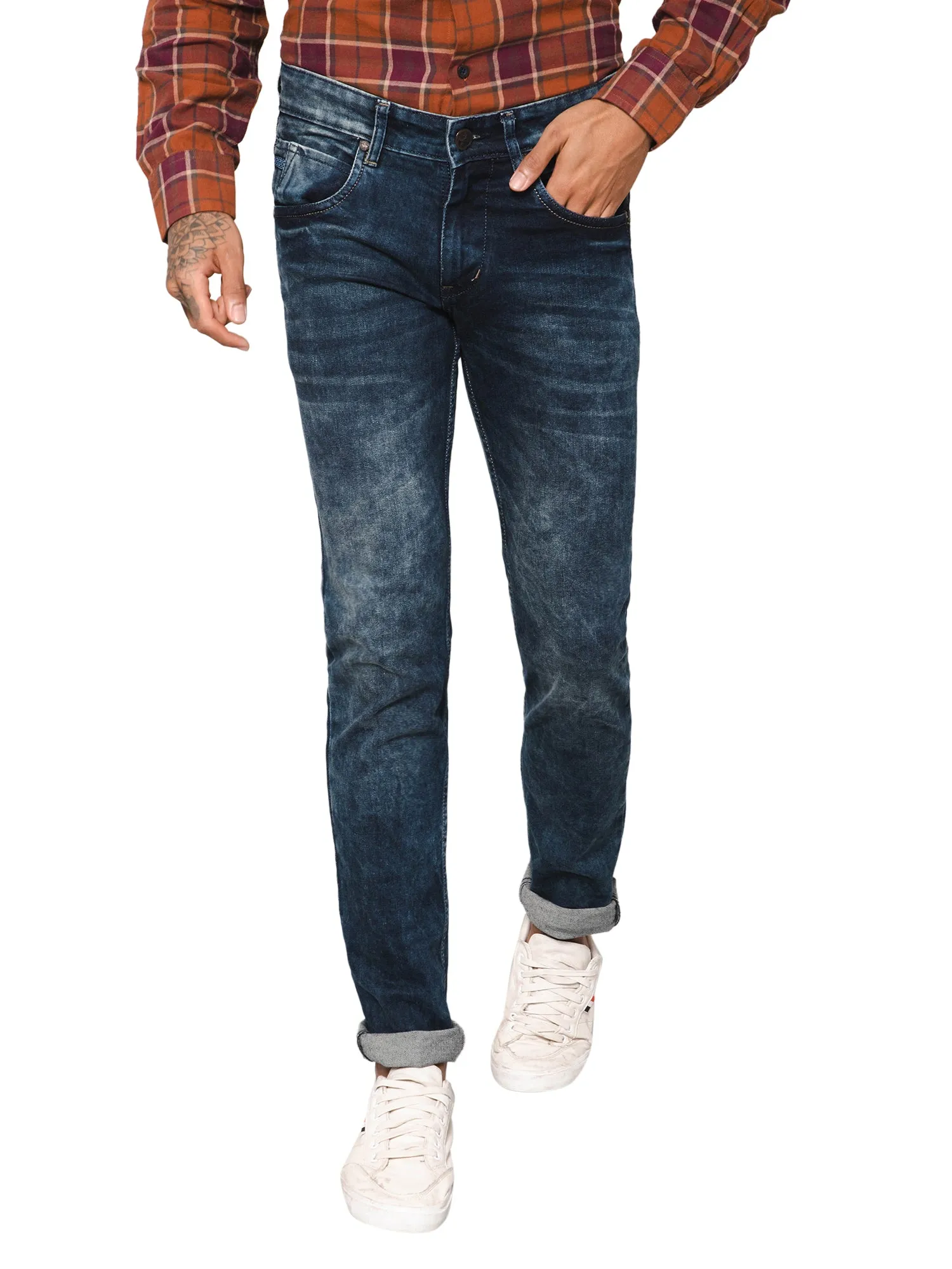 Cantabil Blue Solid Cotton Denim Flat Front Mid Rise Full Length Regular Fit Casual Jeans For Men