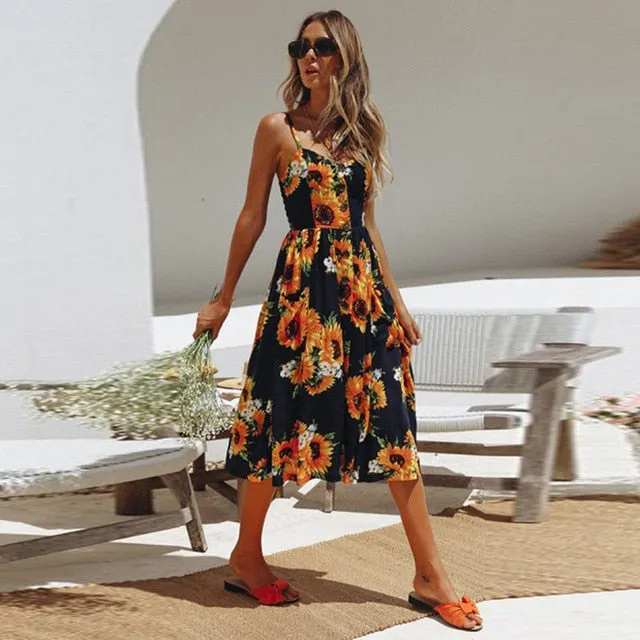 Casual Vintage Sundress Women Summer Dress Backless Floral Beach