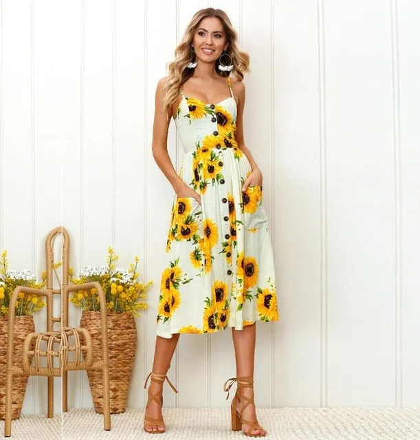 Casual Vintage Sundress Women Summer Dress Backless Floral Beach