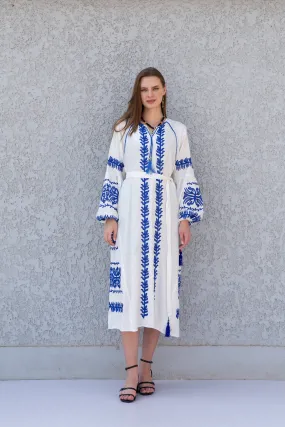 Chic Midi White cotton tunic kaftan dress, embroidered tunic dress, caftans for women, Egyptian cotton. Summer caftan, party, festival kafta