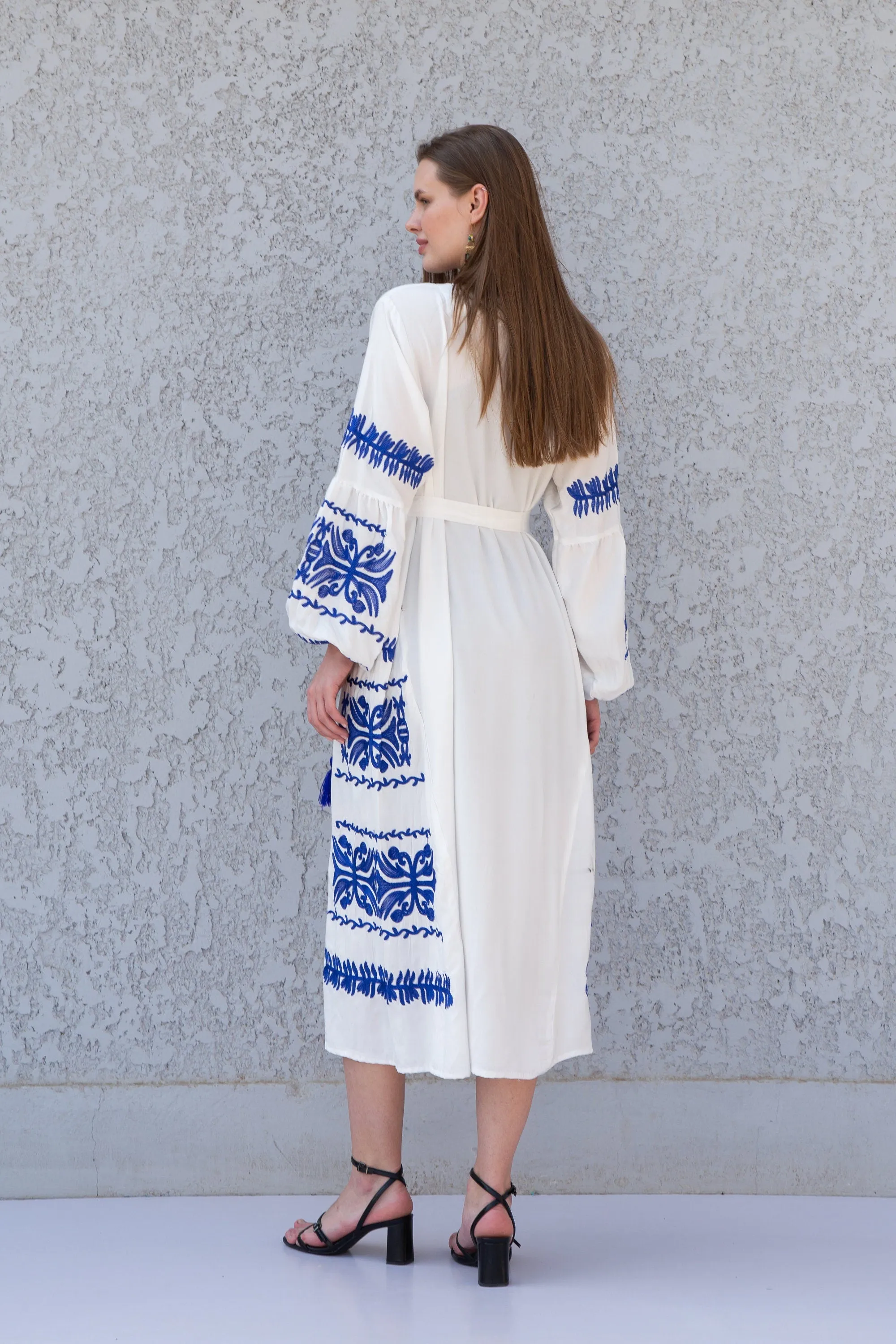 Chic Midi White cotton tunic kaftan dress, embroidered tunic dress, caftans for women, Egyptian cotton. Summer caftan, party, festival kafta